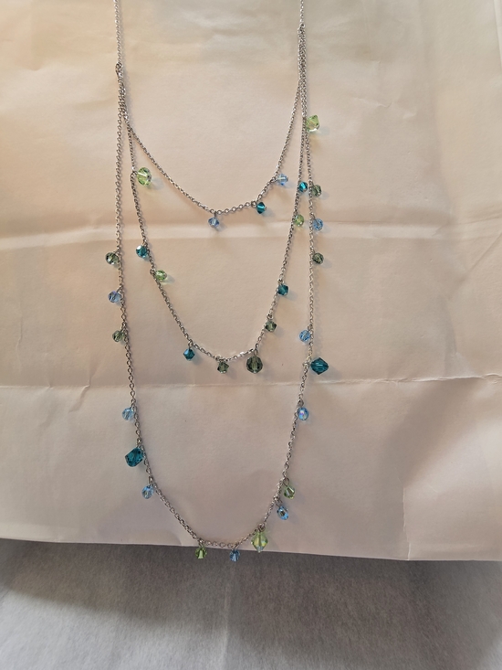 Touchstone Crystal Jewelry - Silver Multi-Strand Necklace with Blue and Green Crystal Drops